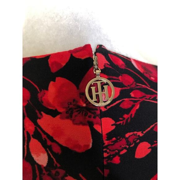 Tommy Hilfiger Long‎ Sleeve Midi Dress Faux Wrap V-neck Floral Red Black Elegant - Picture 10 of 16